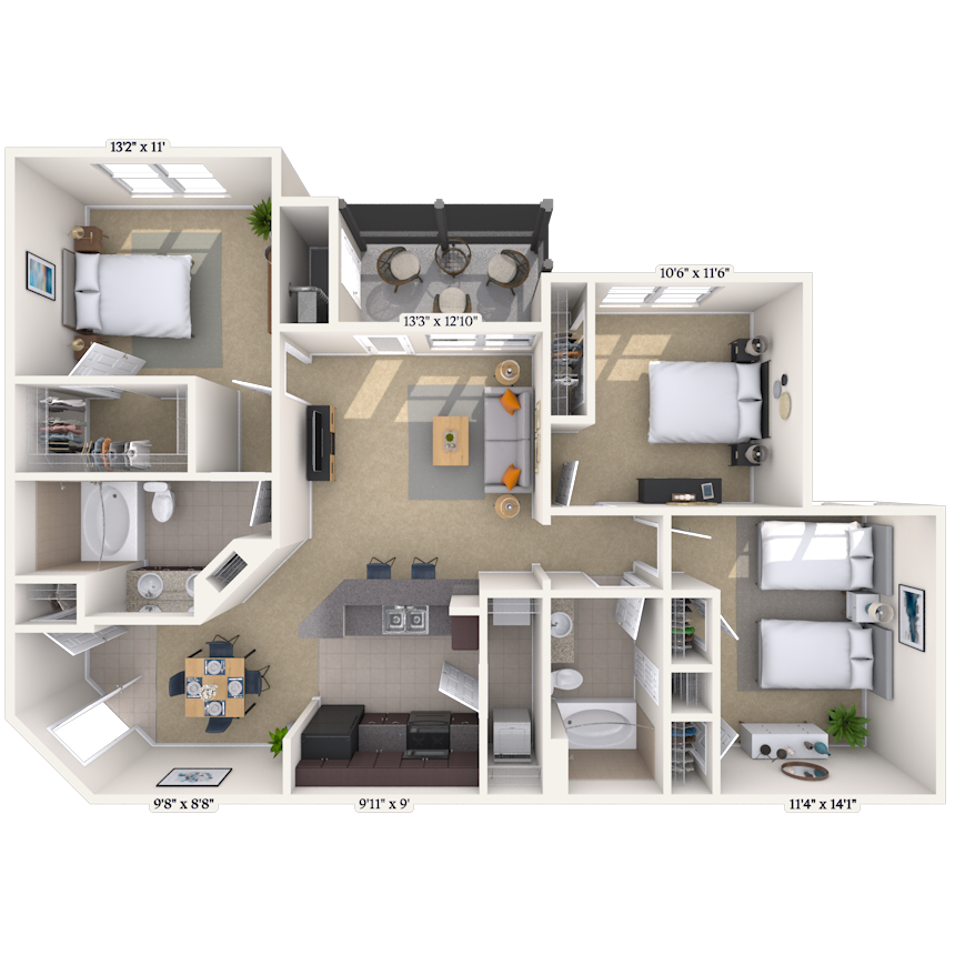 Floor plan for 3 beds, 2 baths, 1222 sqft